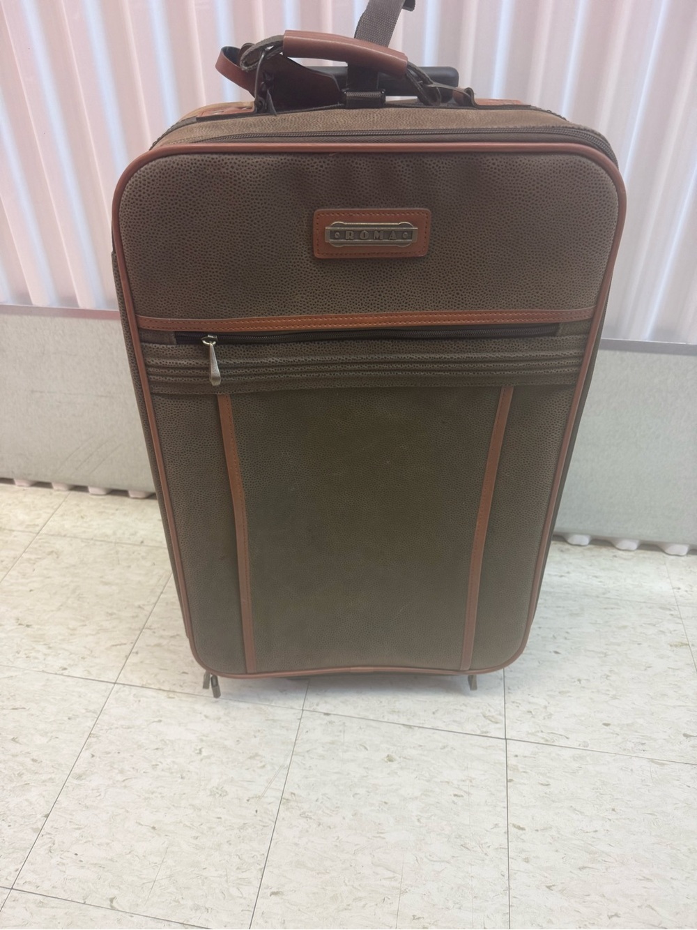 Brown Rolling Carry-On Suitcase with Leather Trim